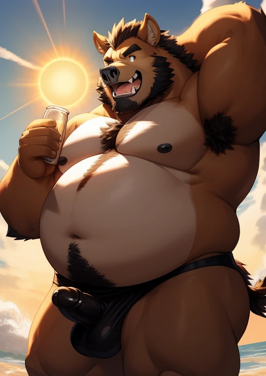 Correct body proportions，Black genitalia，Black glands，male people，boar，chubbiness，Fat minora，Shirtless，victory pose，The erection，Black genitalia，Black glands，Black balls，beer belly， male people， Detailed pubic hair， A high resolution，and the sun was shinin...