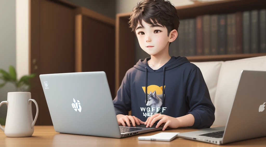 The boy holding a laptop with the logo of wolf