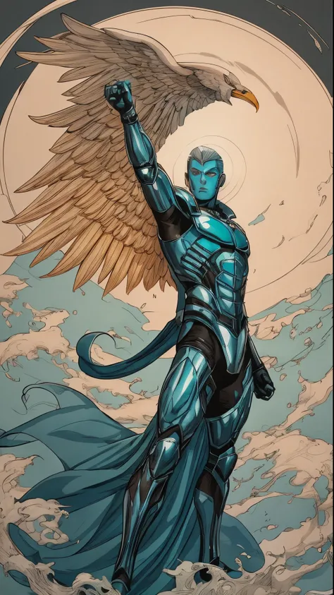 An image of one Masculine White Guardian Angel, white eyes, looking straight at camera, midshot, full body, cel-shading style, centered image, ultra detailed illustration of comics posing, broodish, (tetradic colors), inkpunk, ink lines, strong outlines, b...