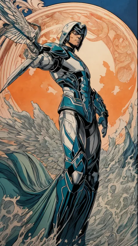 An image of one Masculine White Guardian Angel, white eyes, looking straight at camera, midshot, full body, cel-shading style, centered image, ultra detailed illustration of comics posing, broodish, (tetradic colors), inkpunk, ink lines, strong outlines, b...