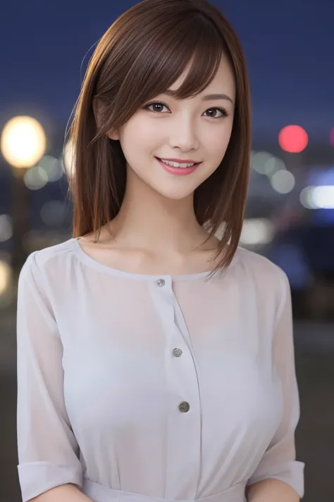 News announcer, a matural female, Best Quality, masutepiece:1.4, ultra-detailliert, photographrealistic:1.4, Hires, Detailed face, Blouse, Smile, Night, Outside, Blurry_light_Background,