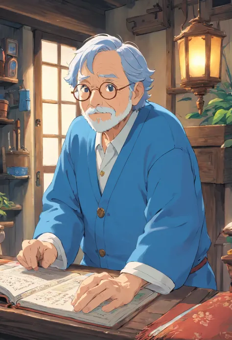 Grandpa，The clothes are blue，without background，The background is white，Lateral face