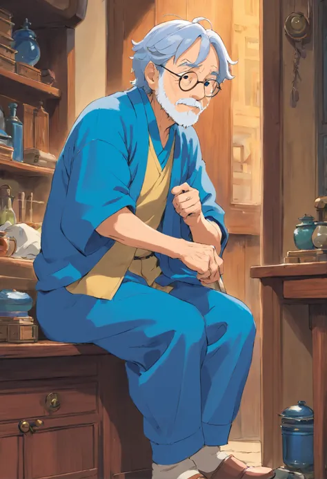 Grandpa，The clothes are blue，without background，The background is white，Lateral face