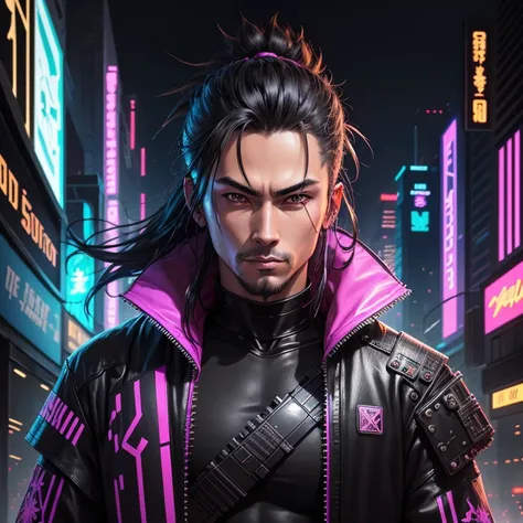 best quality, masterpiece, highres, an extremely detailed, photorealistic, (Black Light Art:1.4), anime guy with two swords in his hand and a city in the background, cyberpunk art style, portrait of a cyberpunk samurai, in cyberpunk style, cyberpunk shadin...