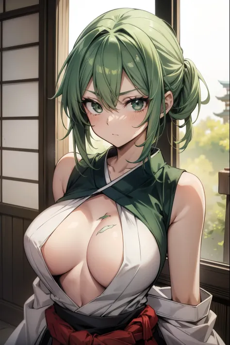 Cute girl, green hair, one gray eye and the other eye was cut like a scar, three swords,, An injured eye, Satan, sexy body, sexy, Loose Japanese clothing