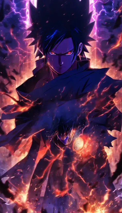 Uchiha sasuke , Writing wheel eyes , Adult Sasuke , Akatsuki style clothing , (( Image without distortion )) , Destroy the scene , style of anime , Better quality , Best resolution , tmasterpiece