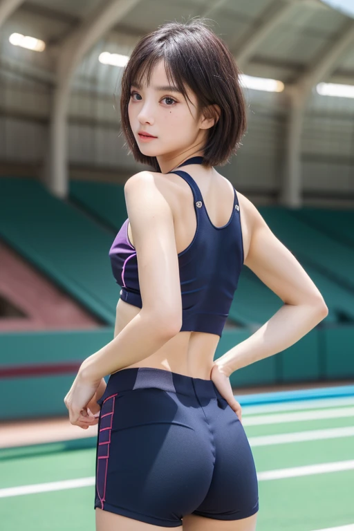 (top-quality、8K picture quality、​masterpiece:1.3)、1girl in、独奏、The most beautiful girl in Japan, High-definition face、the golden ratio、Healthy beauty、track and field athlete、serious facial expression、blush、(cleavage of the breast)、(facing back)、(Tight butto...