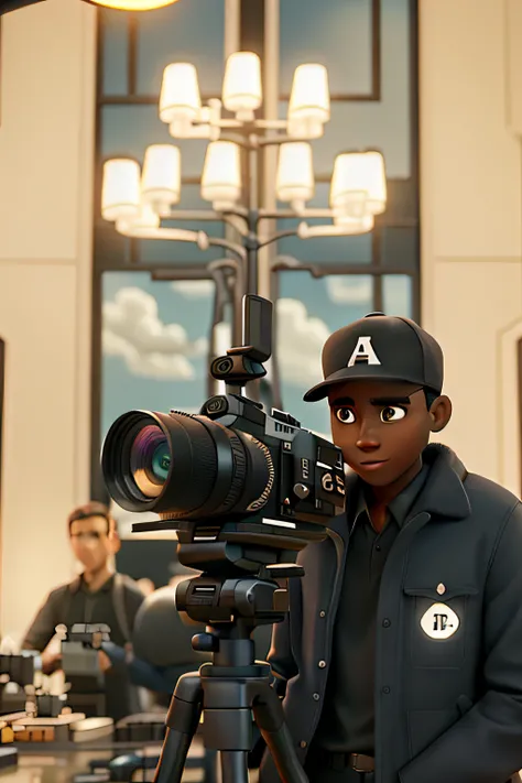 A dark-skinned man in front with a cinema camera, iluminado pela luz de um Spotlight, no contexto de uma cena de filmagem