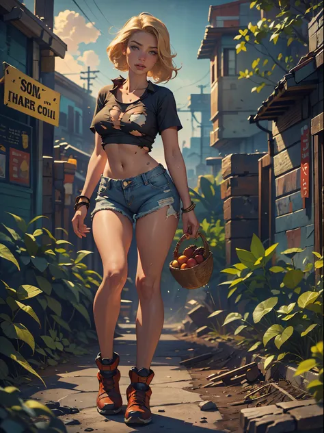 2076 year. The Urban Ruins of the Wasteland, Female huntress picking fruit in the garden, beautiful face, blonde, badly torn shirt and denim shorts ,  long legs, sweating through, sun rising, Nice warm colors, head to toe full body shot