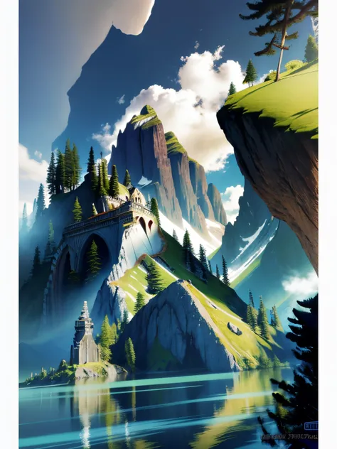 There is a photo，In the foreground are a mountain and a lake, illustration matte painting, Inspired by Raphael Crocodile, ross tran. scenery background, beautiful oil matte painting, flat matte painting, beautiful concept art, through the mast, beautiful m...