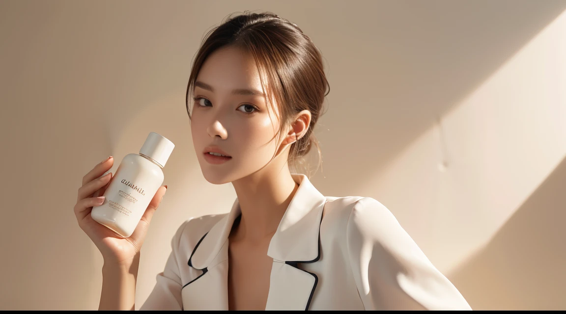 1 female-focused, a female model has a cosmetic bottle in her hands, wearing white shirt, the model's skin is healthy and clea...