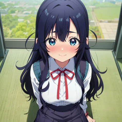 Pov(from above),1girl,alone,shizuka yoshimoto, long hair, dark blue hair, blue eyes, ribbon on neck, red ribbon, white shirt, black skirt, embarrassed, smiling, long sleeves, school uniform, bracelet, sweater vest, classroom, POV, Selfie, Smiling, embarras...