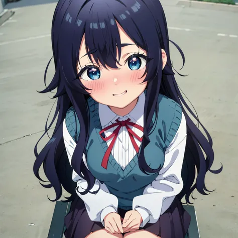 Pov(from above),1girl,alone,shizuka yoshimoto, long hair, dark blue hair, blue eyes, ribbon on neck, red ribbon, white shirt, black skirt, embarrassed, smiling, long sleeves, school uniform, bracelet, sweater vest, classroom, POV, Selfie, Smiling, embarras...