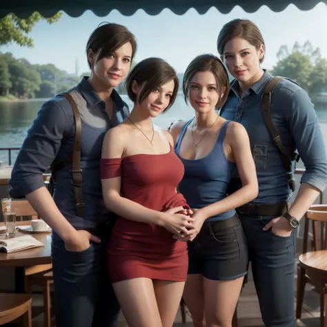 Woman, Jill valentine, happy expression, short bob hair, wearing blue tanktop, smile