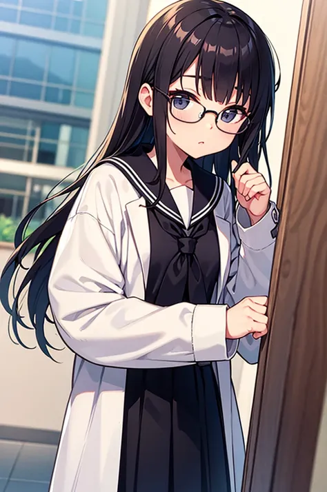 masterpiece, Sharp Focus, long black hair, Glasses, Wearing a white coat over a sailor suit.