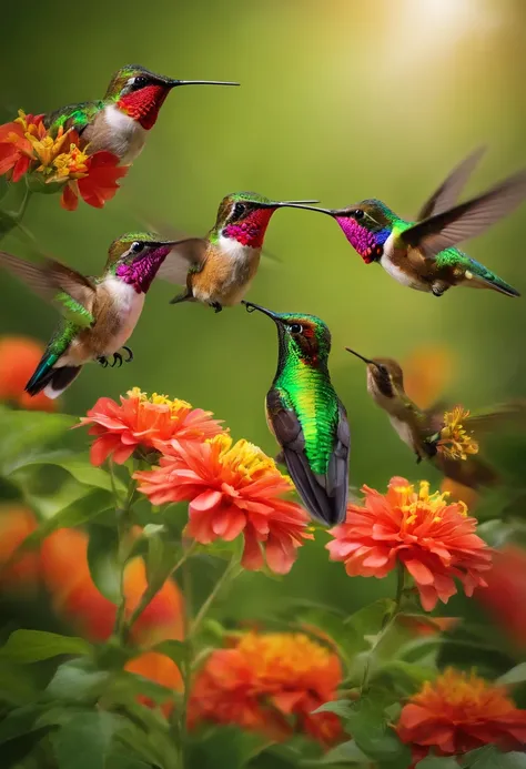 ButterflyEffect capturing a stunning shot of a group of hummingbirds feeding from vibrant flowers,original,ButterflyEffect has long hair and wire rim glasses. He has a hook nose and bright green eyes., male