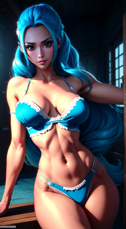 the best possible quality, (Ultra resolution 8K), mulher bonita, cabelo azul claro, A mais linda de todas, cabelo longos, Corpo perfeito, Erotic, Micro Lingerie, Cute Character Cosplay