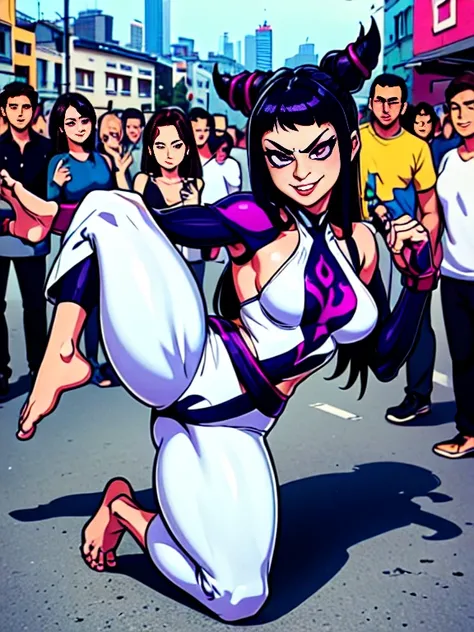 SFW, 30 year old woman, sexy mature asian woman, oval face, detailed face and eyes, beautiful purple iris, white eyeballs, JURIMS, SFIV, hair horns, extremely delicate lips,  (very suggestive smile:1.2), evil smile, wicked smile, smirk, angry fighting pose...