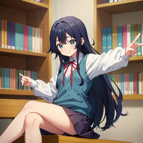Pov(from below),1girl,alone, Shizuka yoshimoto, long hair, dark blue hair, blue eyes, ribbon on neck, red ribbon, white shirt, black skirt, embarrassed, smiling, long sleeves, school uniform, bracelet, sweater vest, classroom, POV, Selfie, Smiling, nervous...