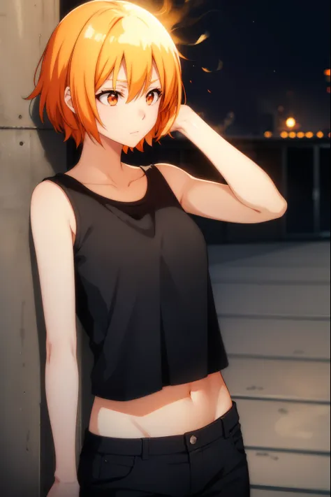 cute girl, short orange hair, Light white smoke comes out of her hair. her eyes are red, black clothes,