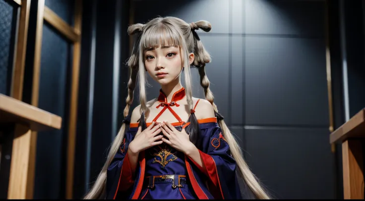 Tianzi_V2, grey hair, long hair, sidelocks, blunt bangs, hair tubes, quad tails, hair rings, hair ornament, red eyes
chinese clothes, hanfu, blue dress, bare shoulders, detached collar, detached sleeves, long sleeves, puffy sleeves