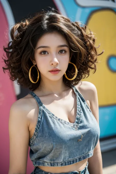 8K, Best quality, hyper-detailing, hispanic girl, curlies, hoop earings, Street style, graffitti background, confident pose