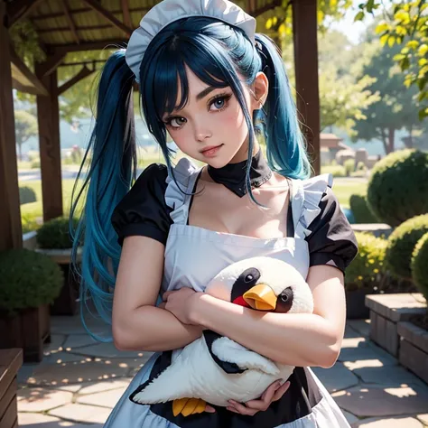 League of legends character Sona hugging a stuffed penguin, long blue hair, pigtails, cute scene, maid hat, maid apron, Clivage, alluring look, blushing, somewhere in nature, outside,