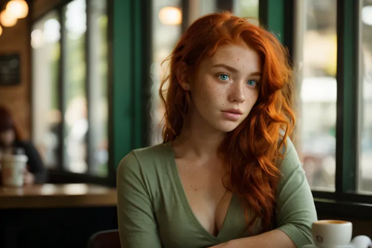 20 year old girl with red hair and green eyes, freckles, sitting at a table in a coffee shop. Ultra realistic, detailed,