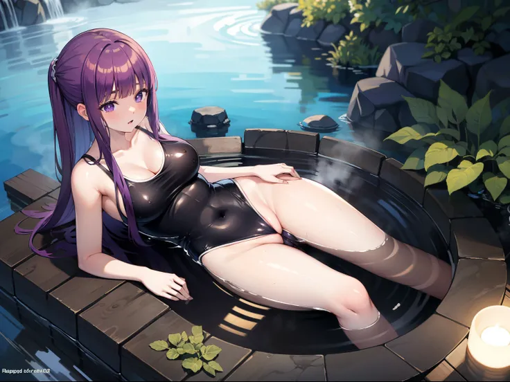 Masterpiece, best quality, , erotic , nsfw, white sexy swimsuit, show full body in water, beautiful legs, show vaginal rupture,,s, beautiful skin, hot naked, in a hot spring, steam, , fairy garden on the background, long straight purple hair, purple eyes,