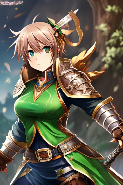 female knight, short brown hair, green eyes, metal bow on her head, heavy armor, red pants, silver greaves, holding a long and heavy sword, role-playing game environment, sword art online style. --auto --s2