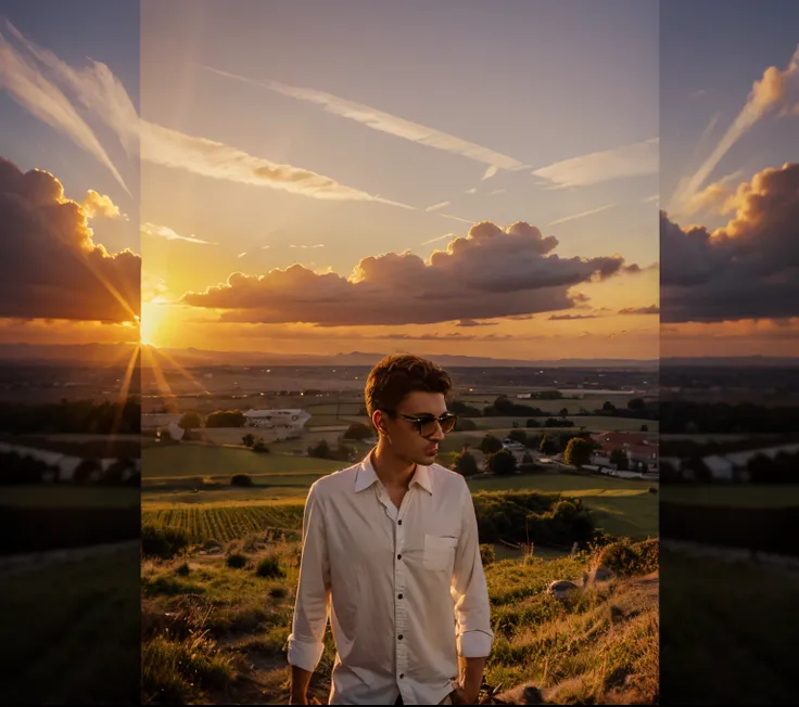 Change background sun set whit handsome boy ultra realistic