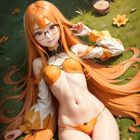 Orange long hair、hime-cut、Golden Eyes、eye glasses、ssmile、early teenage girls、flat chest、Thin pubic hair、Beautiful open legs、grass field