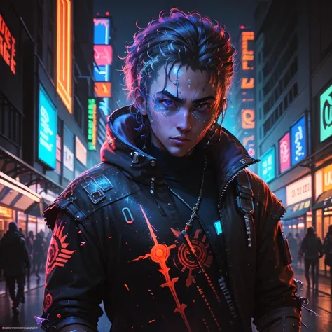 best quality, masterpiece, highres, an extremely detailed, photorealistic, (Black Light Art:1.4), Blacklight, anime guy with two swords in his hand and a city in the background, cyberpunk art style, portrait of a cyberpunk samurai, in cyberpunk style, cybe...