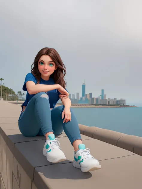 Create a Disney Pixar princess style image with the following features: a white-skinned woman looking at the camera with long green eyes, semi-wavy dark brown hair and a beautiful smile where you can see her teeth and her beautiful look.. Esta es una foto ...