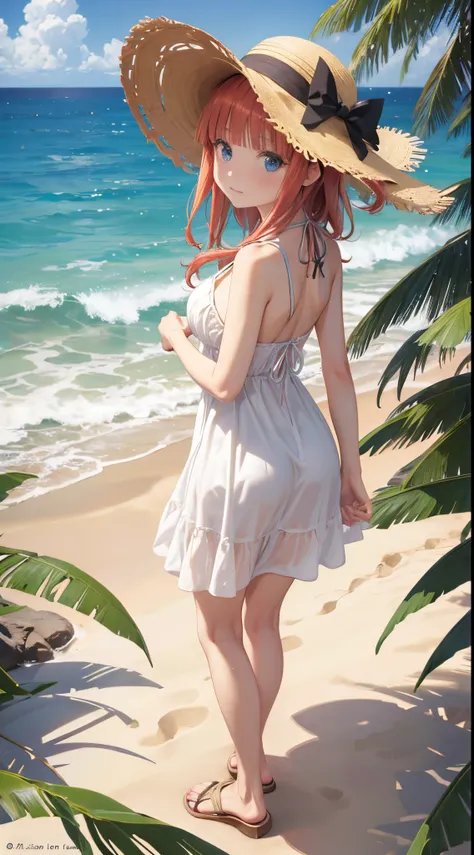 Nino Nakano, vestido playero,sombrero de playa,lentes de sol,costa del mar piedra