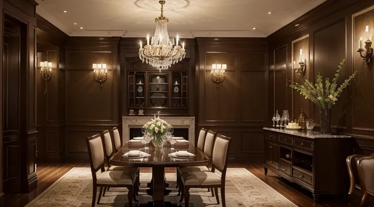 Design a classic dining room with a warm and luxurious ambiance. Describe in detail the interior layout, color scheme, materials, and decorative elements that contribute to this space. Focus on creating an ideal dining space for both formal gatherings and ...