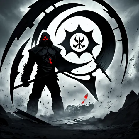 A reaper figure full black holding a scythe with a huge spade symbol behind him which is red and black