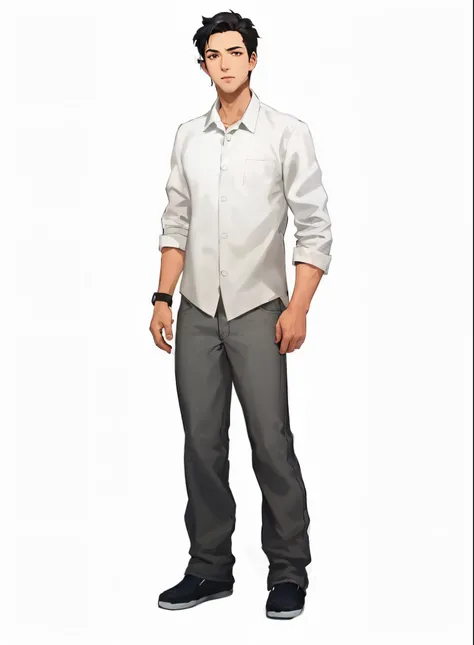 Man wearing white shirt and gray pants standing, full body character portrait, A single character full body, character full body portrait, full body character portrait, full-body portraits, full body single character, Official character art, anime handsome...