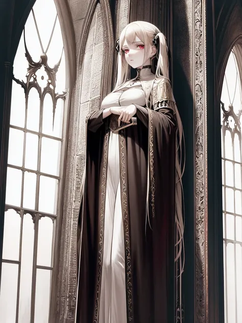 pale young divine gothic priestess, twintails, pure white skin, rust decay, Beautiful full body symmetrical portrait, Delicate blonde hairstyle, crimson eyes, dark red elegant gothic armor, encrusted with red gems, dark cathedral, masterpiece, Highest imag...