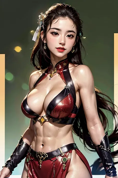 Best quality, action pose, masterpiece, Beautiful sexy cool tall, slim, fit woman, wearing fancy red sequin party dress, athletic body, busty, intricate and highly detailed, cleavage, long hair, busty beautiful woman, body chain, jewelry, closed smile, Sak...