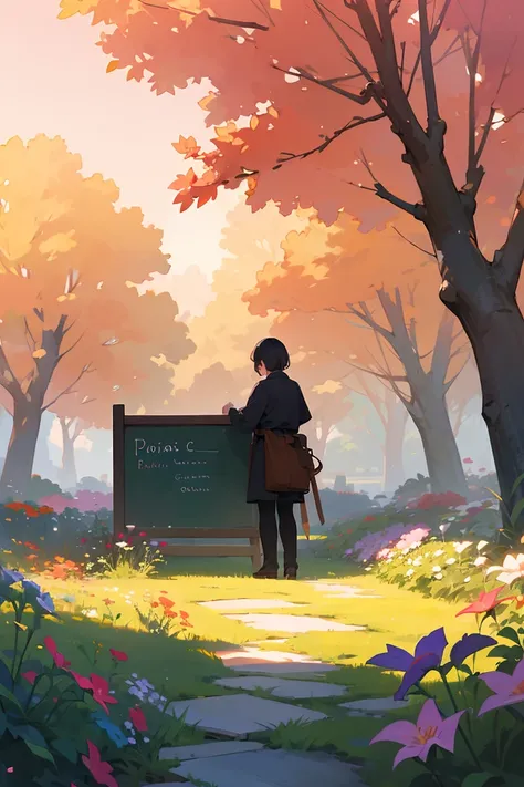 On a beautiful morning,The sky is full of morning glow， A teacher with a back holds chalk and writes on a blackboard. The blackboard is filled with colorful chalk words. The scene is illuminated by the warm glow of the rising sun, Charming background in or...