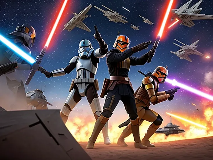 Bataille entre quatre soldats clones de Star Wars, un clone rouget et un clone jaune contre Boba Fet et anakyne Skywalker.  In an epic battle and explosions