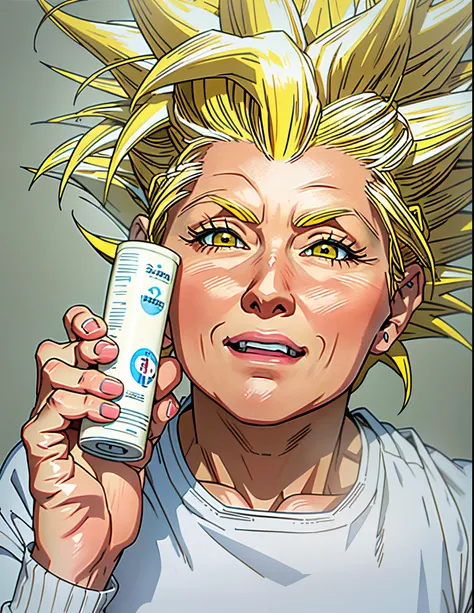 older woman holding a tube of toothpaste in front of her face, super saiyan,(blond hair:1.5), ((yellow hair:1.5)),super saiyan goku, super sayan, super sayian goku, super saiyan 3, going super saiyan, dragon ball concept art, dragon ball artstyle, 4 k mang...