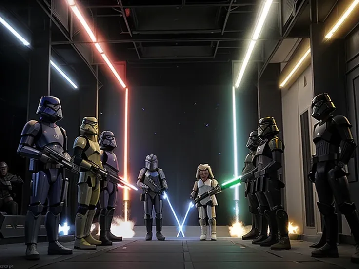 Bataille entre quatre soldats clones de Star Wars, un clone rouget et un clone jaune contre Boba Fet et anakyne Skywalker.  In an epic battle and explosions.  Quatre personnes en tout sur limage