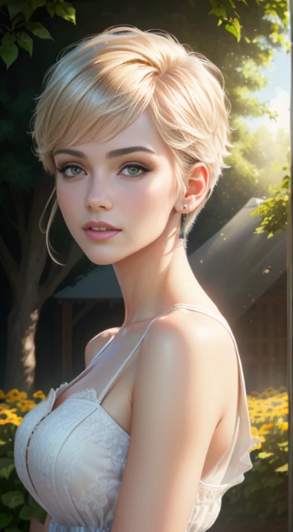 Quality (photo realistic style, UHD, 16k, Textured skin, superdetail, hight resolution, Professional lighting), a portrait of a beautiful woman, (((crew cut))), whitedress, The perfect female face, summer garden in the background, Sunny day