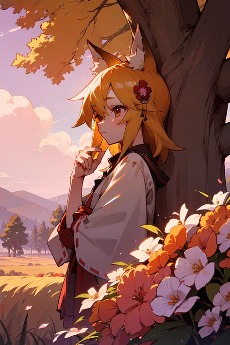 A girl, Fox ears, field. Super detailed, Detailed ears, Detail Eyes, Girls 4K, Detailed flowers, beautiful clouds, detailed blocks, Beautiful trees, trees in the background, Detailed trees, Neon flowers