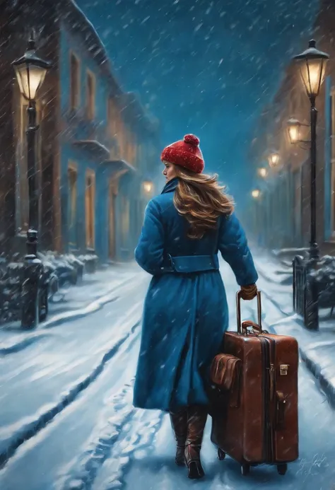 winter street，Realistic drawing, In the state of Paraná, Snow is falling，A woman holds a heavy suitcase in her hands，There is another dream.Blue Dream