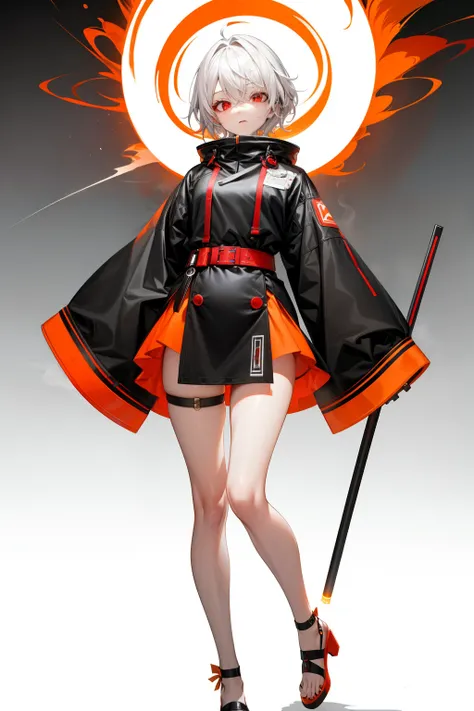 cute girl, Short white hair and light white smoke coming out of it, Red eyes, black clothes, full body, Smoke coming out of her hair like an incense stick, sexy body, sexy, Orange