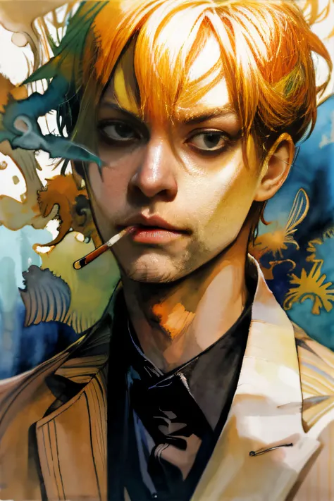 creating one piece sanji，aquarelle，illustratio，a yellow-haired，holding a cigarette in mouth，buisness suit，the shirt，accurate fac...