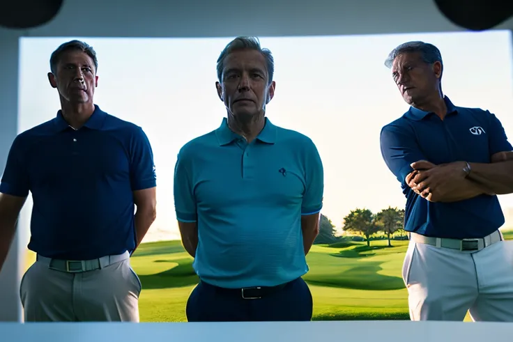 A 55-year-old man wearing a polo shirt is photographed standing and taking a golf swing, showing his entire body. The man is in the center of the photo. 8K, highest quality, masterpiece, realistic, realistic photo, movie photo, surreal, one person, detaile...